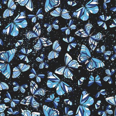 Сине-голубые бабочки на черном фоне со звездами