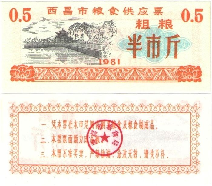 Продовольственный талон 0,5 единиц 1981 (Рисовые деньги) Китай, провинция Цзянсу