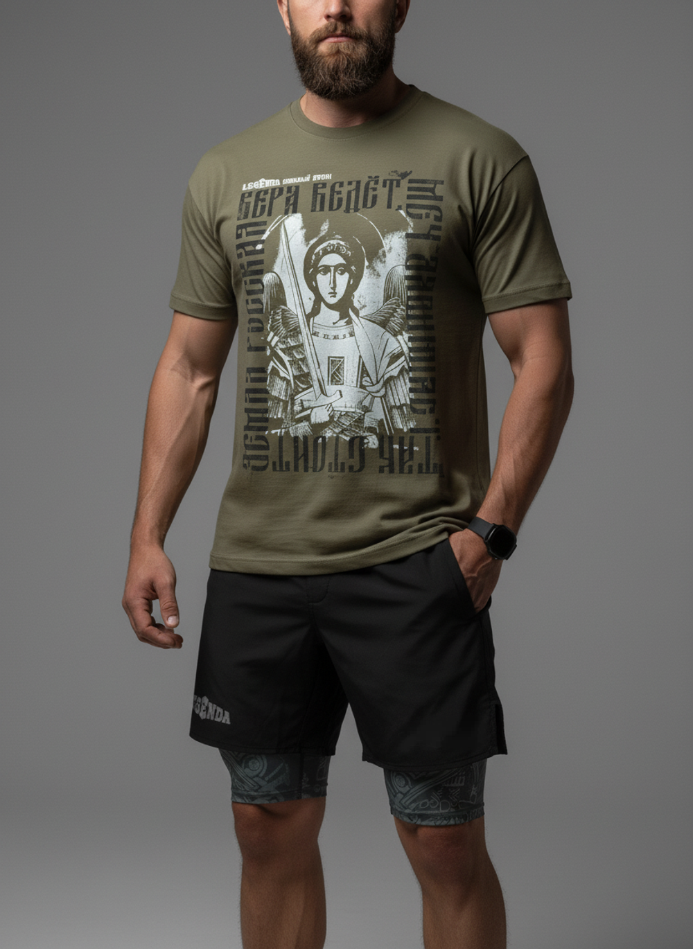 Футболка оверсайз LEGENDA Архангел Михаил хаки