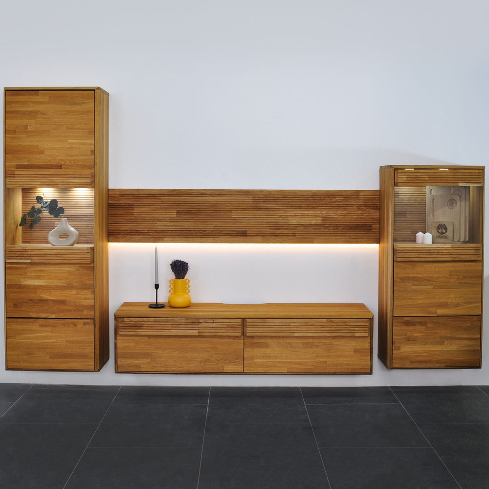 Тумба под телевизор, 160х44х40, Михаэлла, напольная, подвесная, с подсветкой, из массива дуба, Dipriz