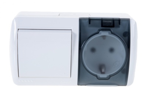 Выключатель и розетка горизонтальная LEZARD Ната белый с крышкой с/з