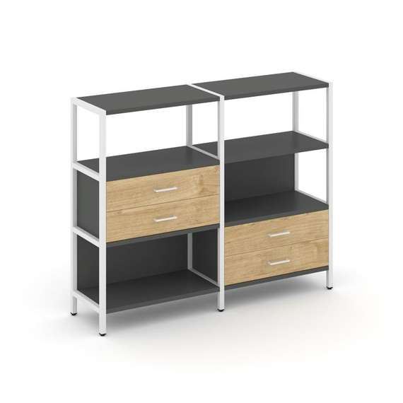 Shelf System Двухсекционный стеллаж трехярусный с ящиками SN.STM-323 Антрацит/Тиквуд Светлый/Металл