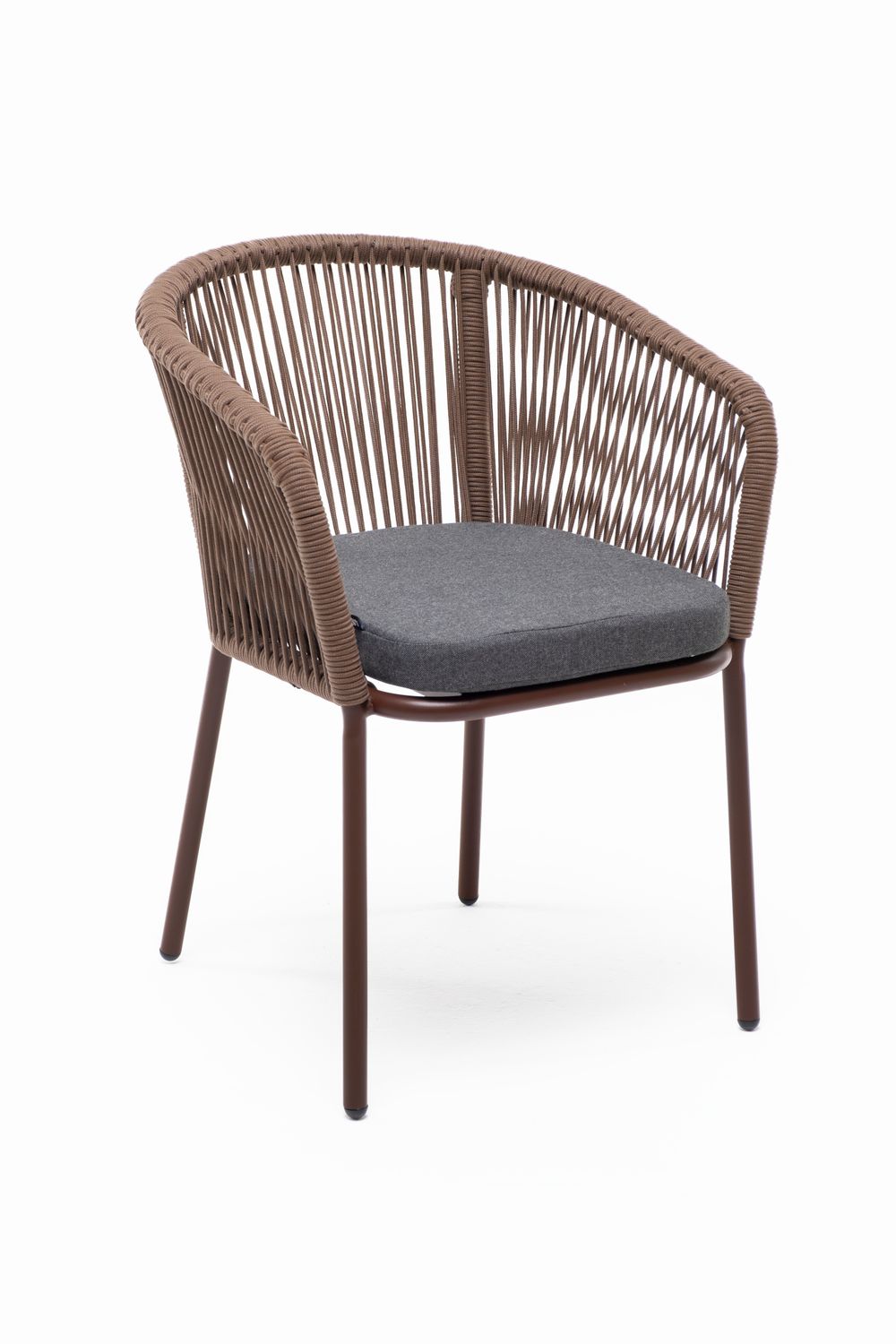 "Марсель" стул плетеный из роупа, каркас алюминий коричневый (RAL8016) муар, роуп коричневый круглый, ткань темно-серая 027