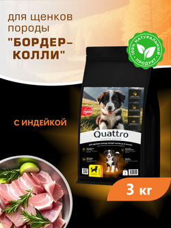 Корм сухой для щенков породы Бордер-колли, с индейкой, 3 кг, QUATTRO