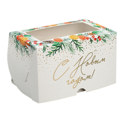 Коробка складная на 2 капкейка с окном «С Новым годом!», мандарины, 10 х 16 х 10 см