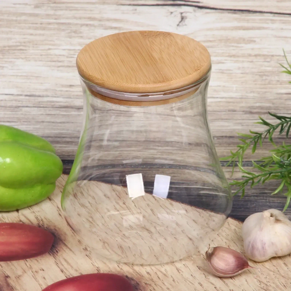 Банка для продуктов стеклянная 1000мл «Хай-Тек» с бамбуковой крышкой, груша