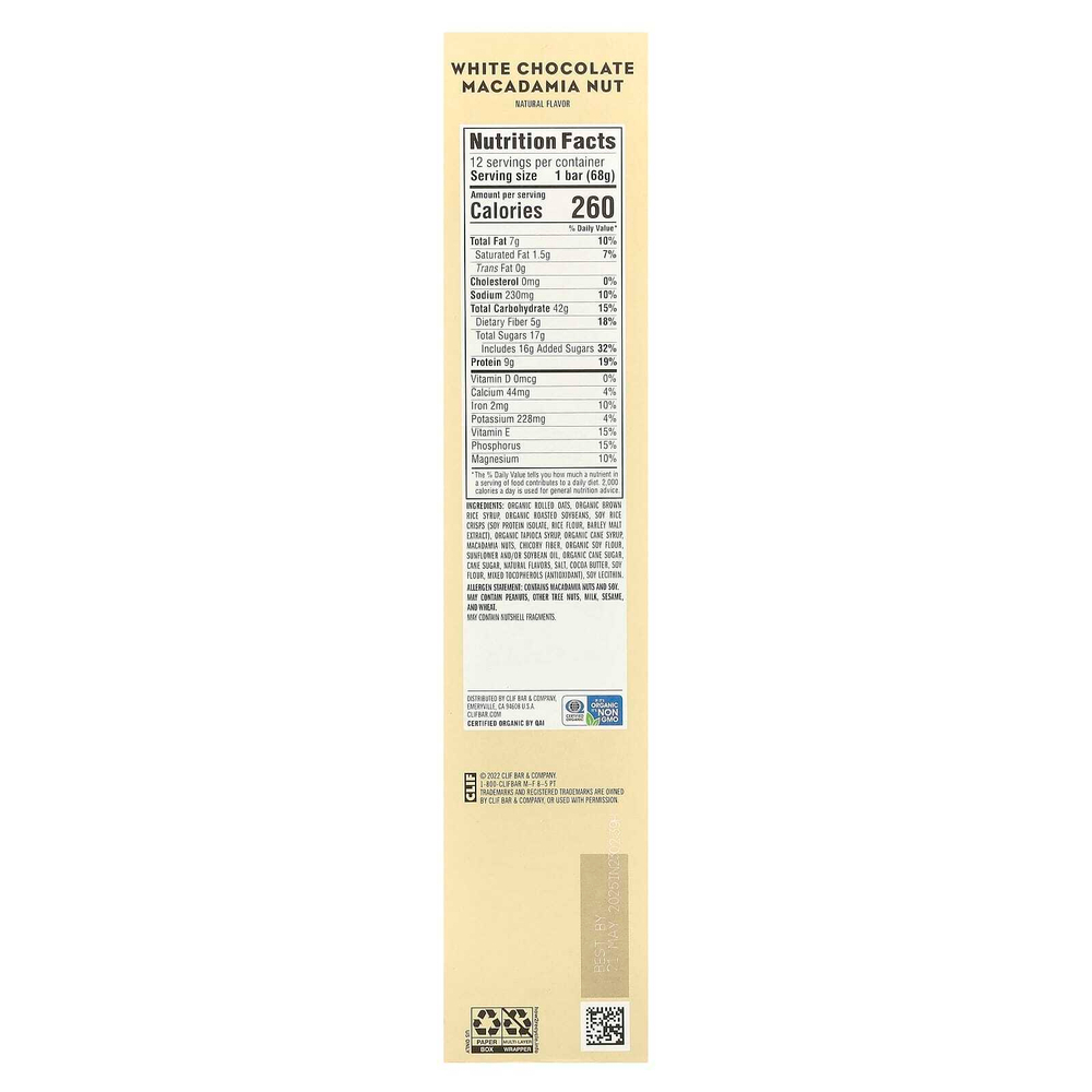 Clif Bar, Энергетический батончик с белым шоколадом и орехом макадамия, 12 батончиков, 2,40 унции (68 г) каждый