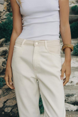 ZARA ДЖИНСЫ Z1975 MOM FIT С ВЫСОКОЙ ПОСАДКОЙ И КОНТРАСТНЫМ ПОЯСОМ, ЭКРЮ