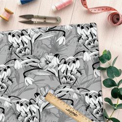 Ткань кулирная гладь серый цветочный орнамент