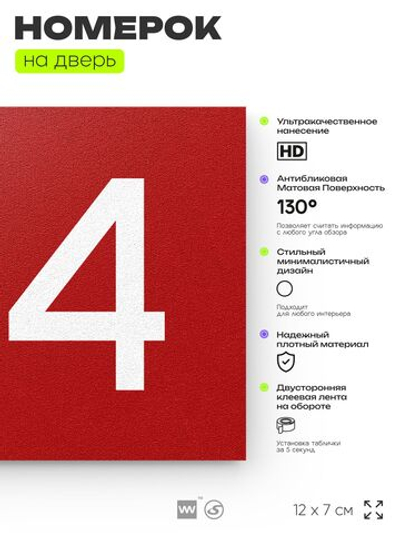 Номер на дверь 124, табличка на дверь для офиса, квартиры, кабинета, аудитории, склада, красная 120х70 мм, Айдентика Технолоджи