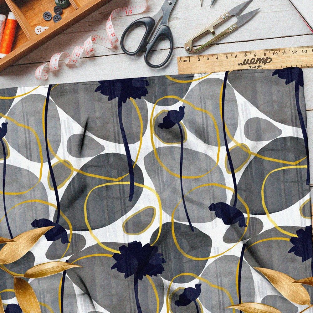 Ткань атлас серые камни с золотом