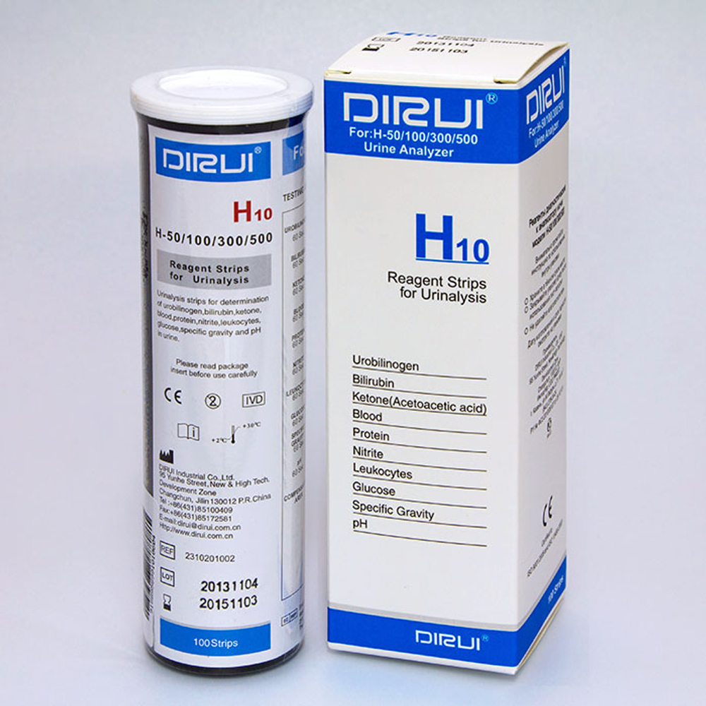 Уристик (Dirui) H10, Глюк.,Бел., рН,кровь, Кет.,Бил..,Уробил.,Нитр.,Уд.вес,Лейк., 100 пол./уп