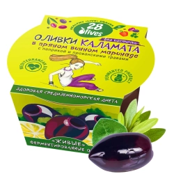 Оливки Каламата с косточкой в винном маринаде с паприкой и травами 28Olives, 150 г, упаковка с оливкой
