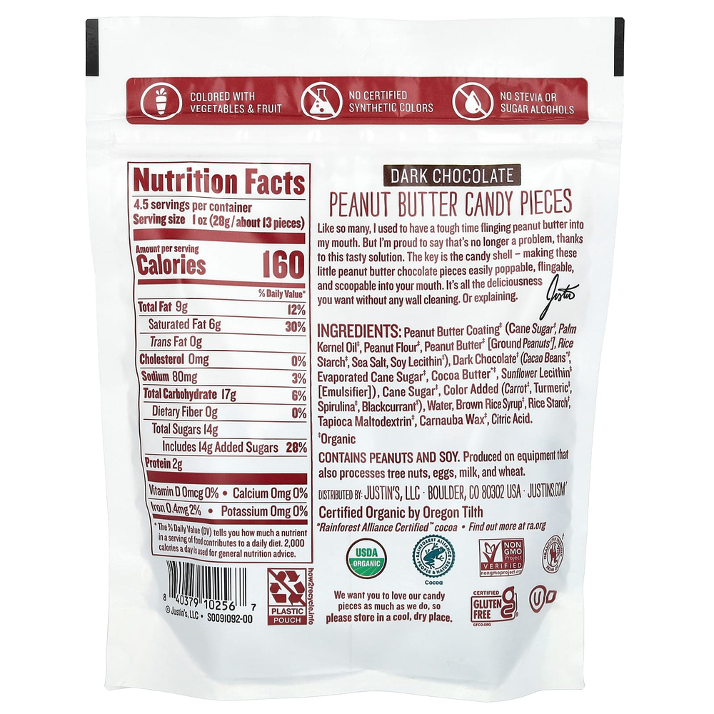 Justin's Nut Butter, Кусочки конфет с органическим арахисом, темный шоколад, 128 г (4,5 унции)