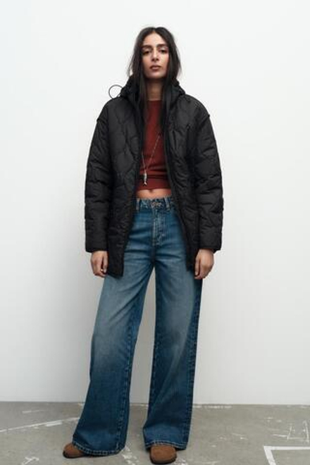 ZARA ПУХОВИК С КАПЮШОНОМ, ЧЕРНЫЙ