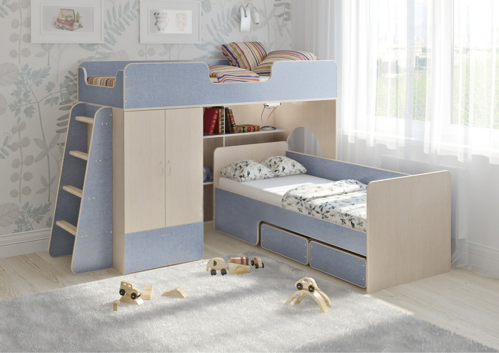 Двухъярусная кровать КарИВи Легенда 3.11  Дуб Молочный Светло-синий, голубой