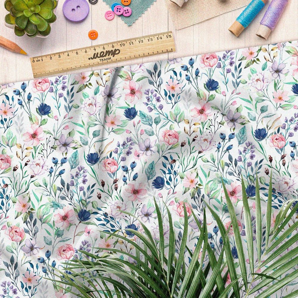 Ткань штапель букеты с листьями и бутонами