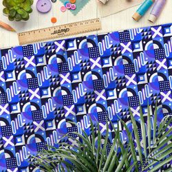 Ткань бязь мелкий графичный узор на синем фоне