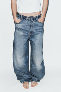 ZARA ДЖИНСЫ TRF СО СРЕДНЕЙ ПОСАДКОЙ И ОТЛОЖНЫМ ПОЯСОМ, МОРСКОЙ СИНИЙ