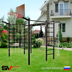 Уличная шведская стенка Sv Sport рукоход с комплектом турник прямой 2шт У5307К (Турник/Деревянные/Щит баскет/Кронш бокс/Канат/кольца/лестница/Сетка)