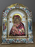 Владимирская БМ, икона арочная с рамкой под стеклом, белое дерево, эмаль 167х228