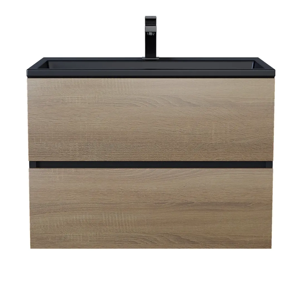 Тумба с раковиной Uperwood Barsa 70 см, раковина черная глянцевая, подвесная тумба черная/дуб сонома
