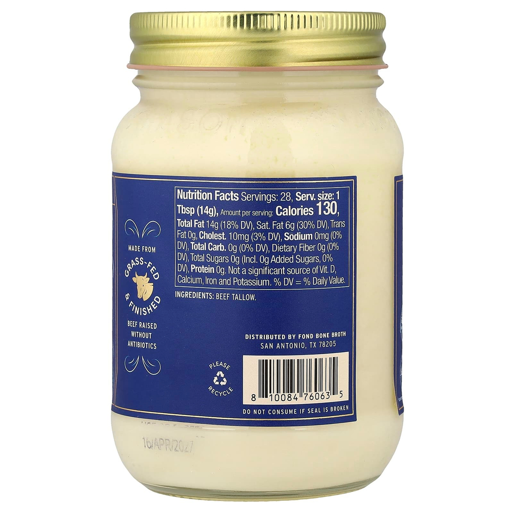 FOND Bone Broth, восстанавливающий говяжий жир от коров травяного откорма, чистый и нейтральный, 397 г (14 унций)
