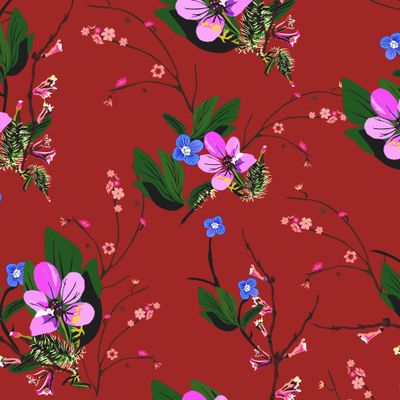 Розовые и синие весенние цветы на красном