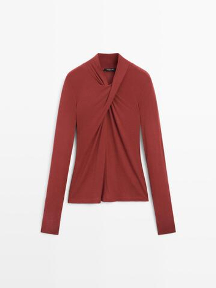 Massimo Dutti Топ внахлест из лиоцелла и шерсти, темно-розовый