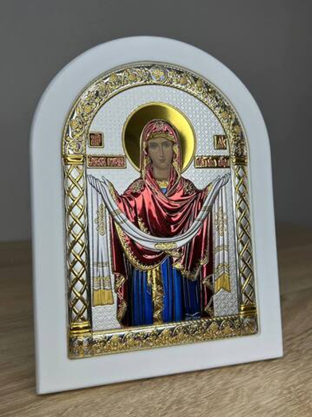 Покрова, икона арочная, белое дерево, эмаль 150х200