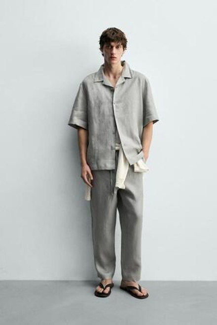ZARA БРЮКИ RELAXED FIT ИЗ 100% ЛЬНА, СВЕТЛО-СЕРЫЙ