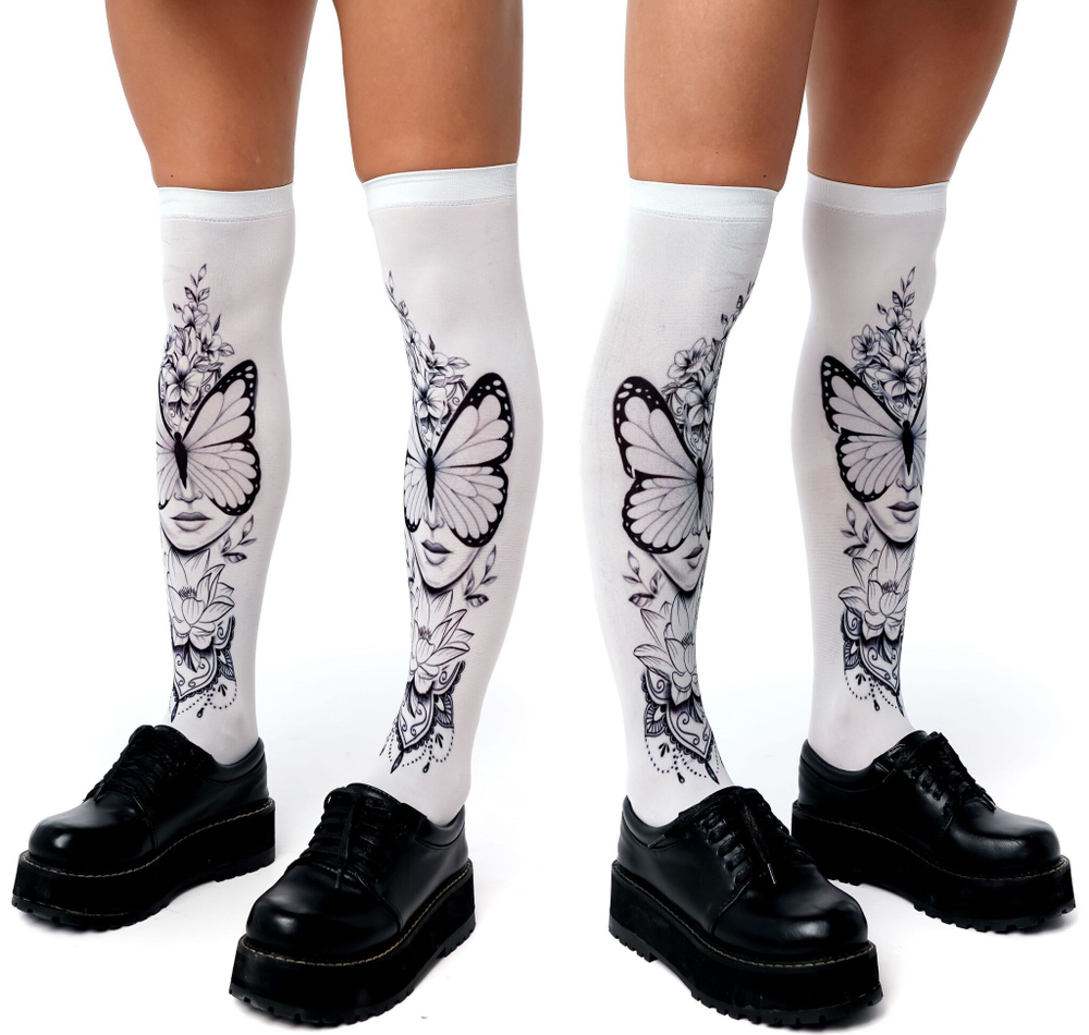 Белые гольфы с принтом в виде девушки с бабочкой (Цвет: белый)