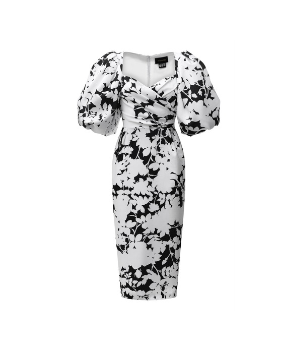 Платье миди из сатина с принтом драпированное с объемными рукавами