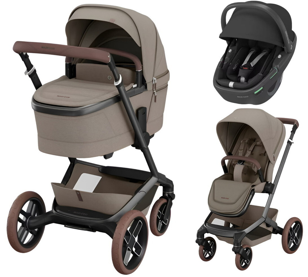 Детская коляска Maxi-Cosi Fame 3 в 1 с автокреслом Coral 360 Essential black Twillic Truffle/Трюфель(беж)