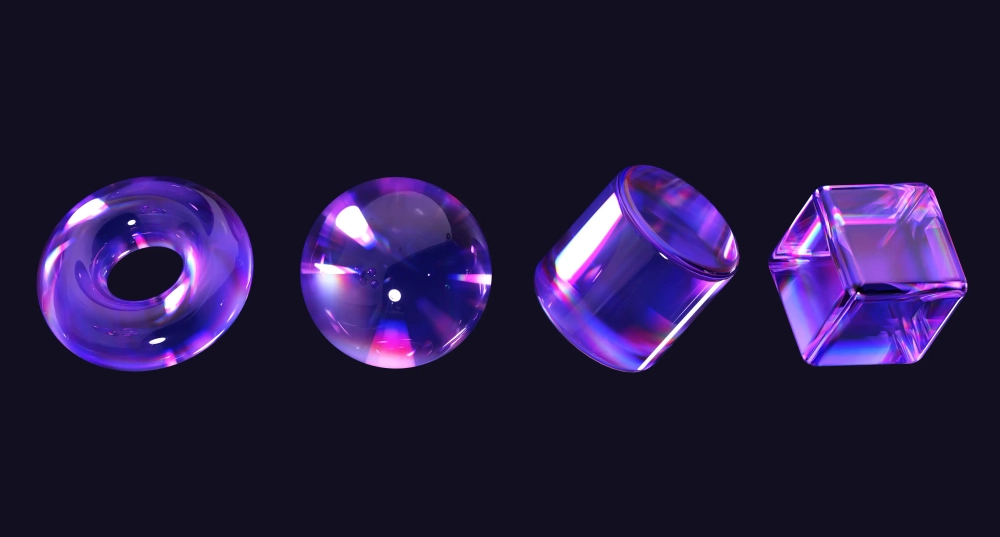 Голографические 3D-объекты с призмой — набор фигур PNG с прозрачным фоном в фиолетово-синих тонах