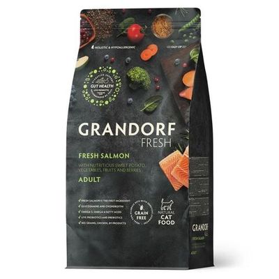 Беззерновой корм с живыми пробиотиками GRANDORF Fresh Cat ADULT Salmon&Sweet Potato для кошек с филе лосося и бататом, Пакет 400 г