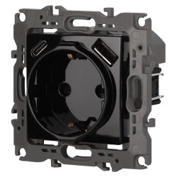 Розетка ЭРА Серия 12 12-4108-06 2P+E 16A-250В со шторками с USB type-A+C 5В-3А чёрный | Эра 12