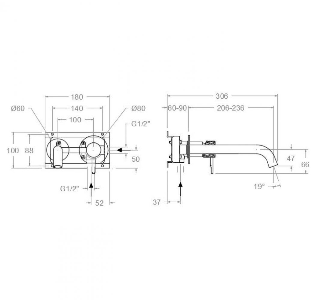 Встраиваемый смеситель для раковины 24 см ODISEA JOYA 592103GR графит