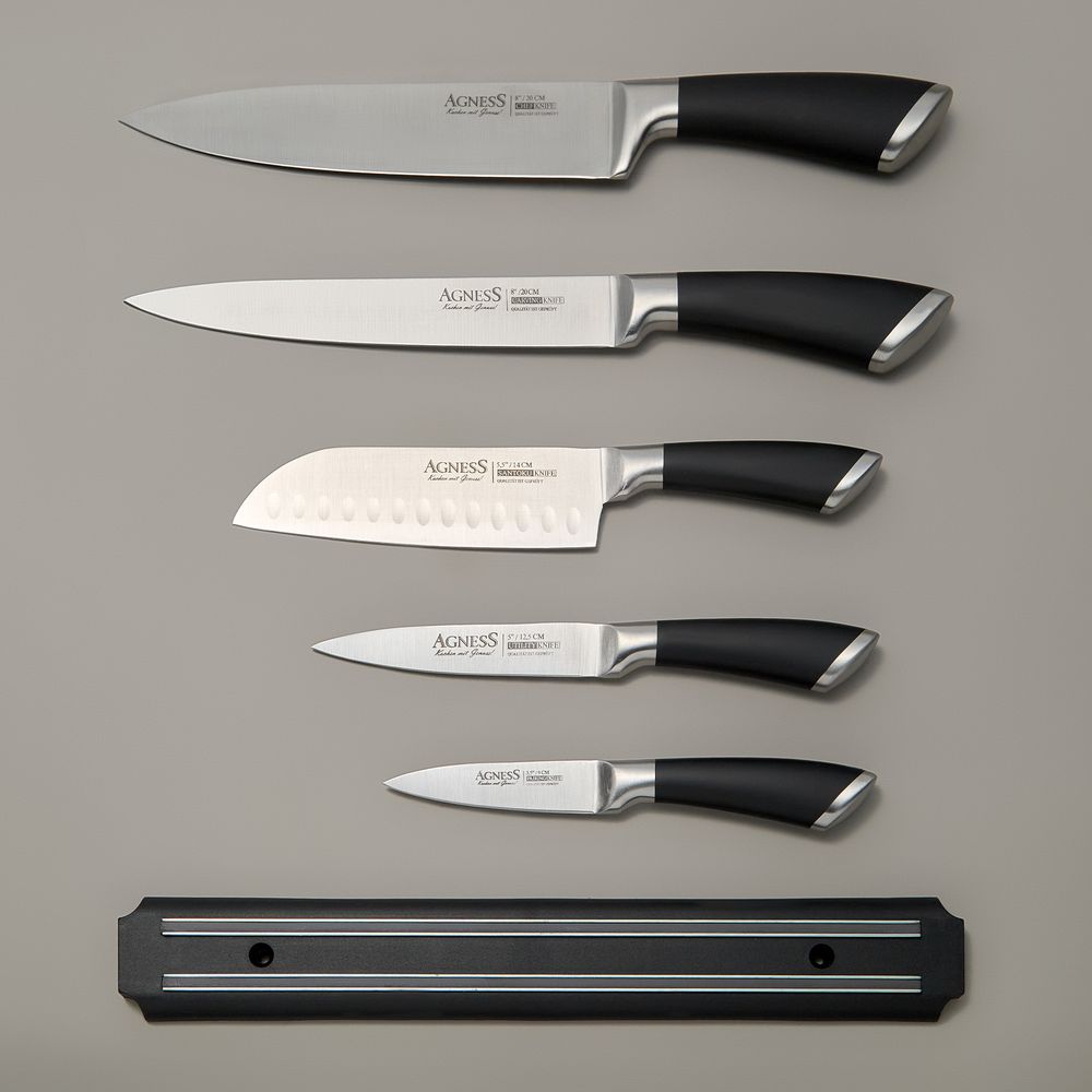 НАБОР НОЖЕЙ AGNESS 6 ПР.С МАГНИТНЫМ ДЕРЖАТЕЛЕМ И РУЧКОЙ ИЗ НЕРЖ.СТАЛИ (КОР=6НАБОР.)
