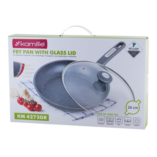 Сковорода 26 см. из алюминия с крышкой Kamille KM-4272GR с мраморным покрытием