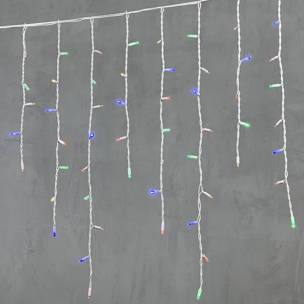 Светодиодная бахрома с колпачком 3,2*0,9 м., 168 разноцветных LED ламп, каучуковый белый провод, LTC (LL168-8-2M)