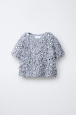 ZARA ФУТБОЛКА С ПЕРЬЯМИ И ПАЙЕТКАМИ, СЕРО-СИНИЙ