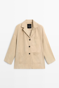 Massimo Dutti Замшевый блейзер с карманами, бежевый