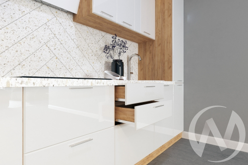 Кухня "Витория": белый глянец (корпус дуб крафт золотой)