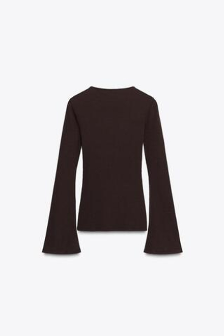 ZARA ФУТБОЛКА В РУБЧИК С РАСКЛЕШЕННЫМИ РУКАВАМИ, ШОКОЛАЛНЫЙ