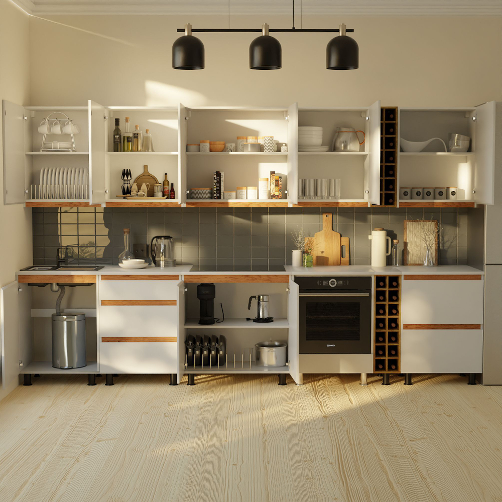 Кухонный модуль напольный 80 см Валенсия 2 двери без столешницы, с дубовой панелью, на ножках / белый, массив дуба