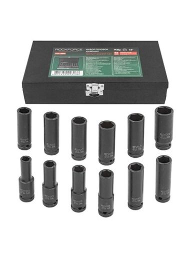 Набор головок ударных глубоких 12пр.,1/2''6гр.(10,12-19,21,22,24мм), в металлическом кейсе RockForce##Rock FORCE RF-4127-5MPB