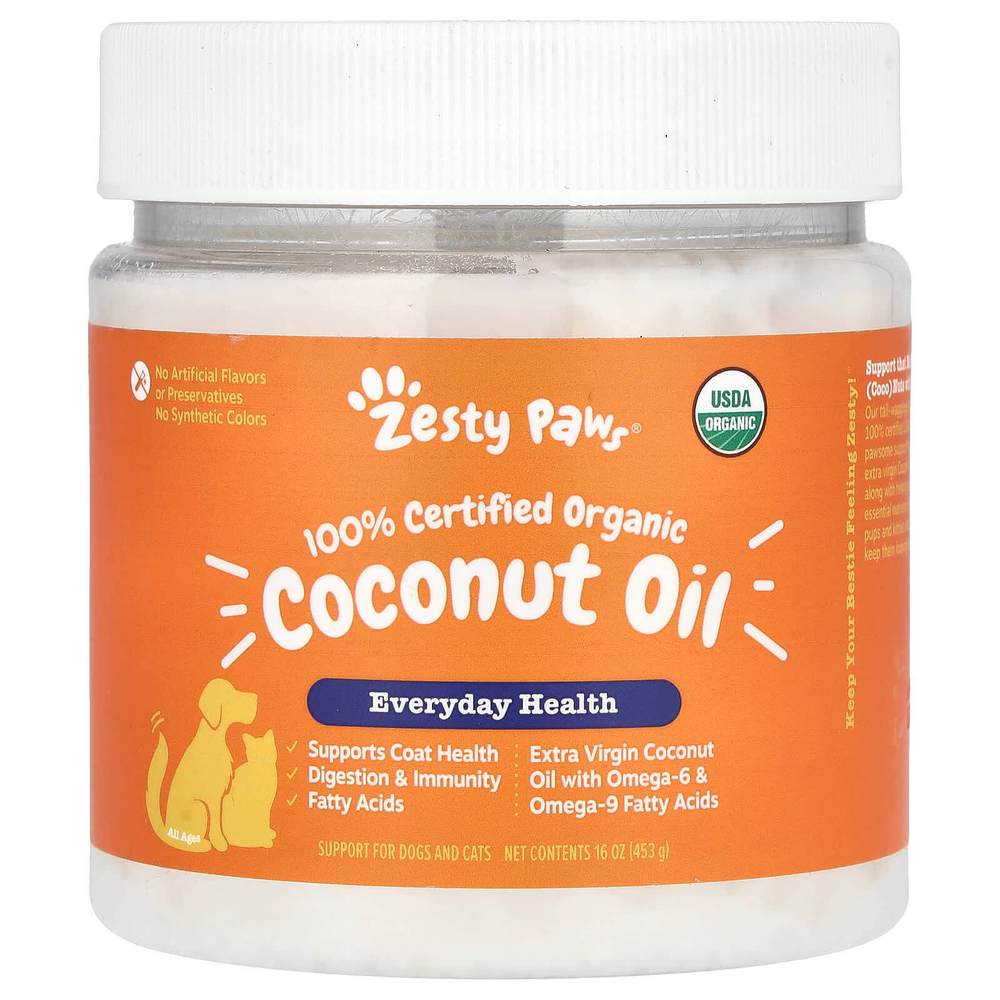 Zesty Paws, 100% сертифицированное органическое кокосовое масло, для собак и кошек, для всех возрастов, 453 г (16 унций)