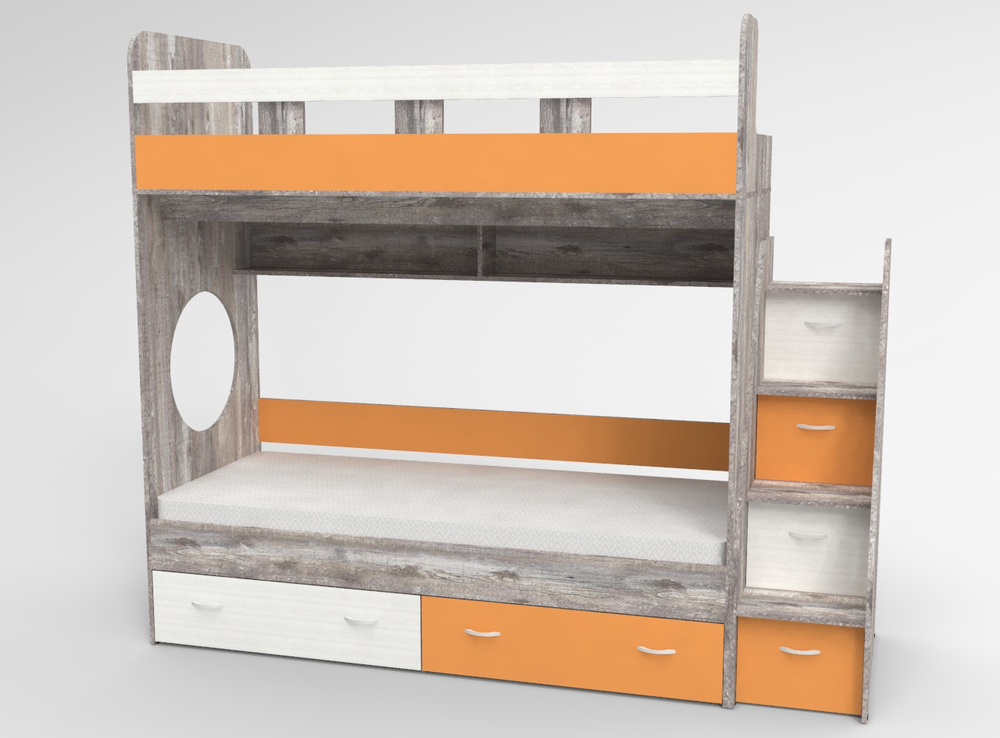 Двухъярусная кровать КарИВи Юниор 1 80х190 Бетон Оранжевый, Белый
