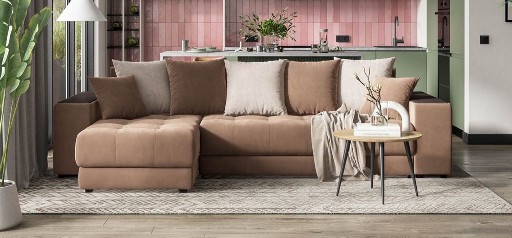 Угловой диван Дубай Велюр Монолит мокко, Велюр Монолит латте